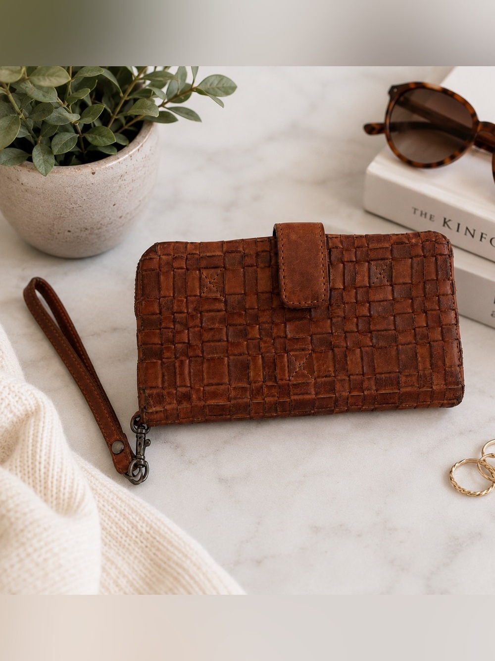 Woven Leather Wristlet Wallet - Brown